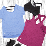 Visual of a nursing tee, nursing tank and nursing sports bra laying flat.  Nursing Activewear.  Powered by data, smart design and high quality fabrics.