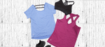 Visual of a nursing tee, nursing tank and nursing sports bra laying flat.  Nursing Activewear.  Powered by data, smart design and high quality fabrics.