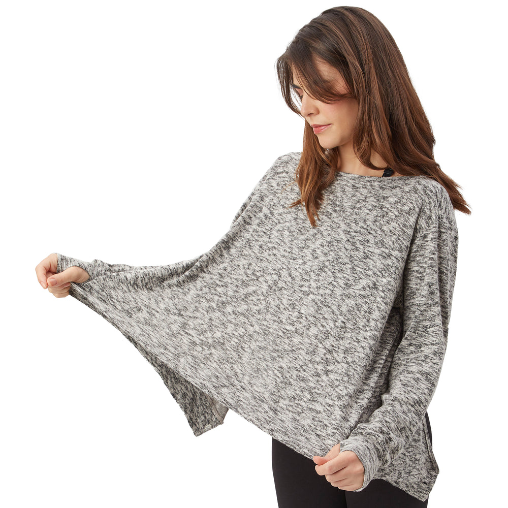 Nursing Cover and Sweater open showing breastfeeding cover functionality.  Heather Gray Milk & Fire Nursing Sweater + Cover.