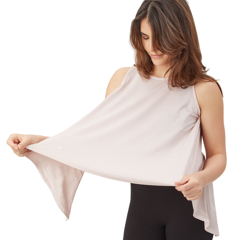 Nursing cover, nursing tank and sports bralette set front view.  Showing the tank open into a breastfeeding cover.  In blush rose by Milk & Fire.